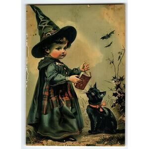 Vintage Halloween Witch Child & Black Cat Photochrome Postcard 5.5x4"